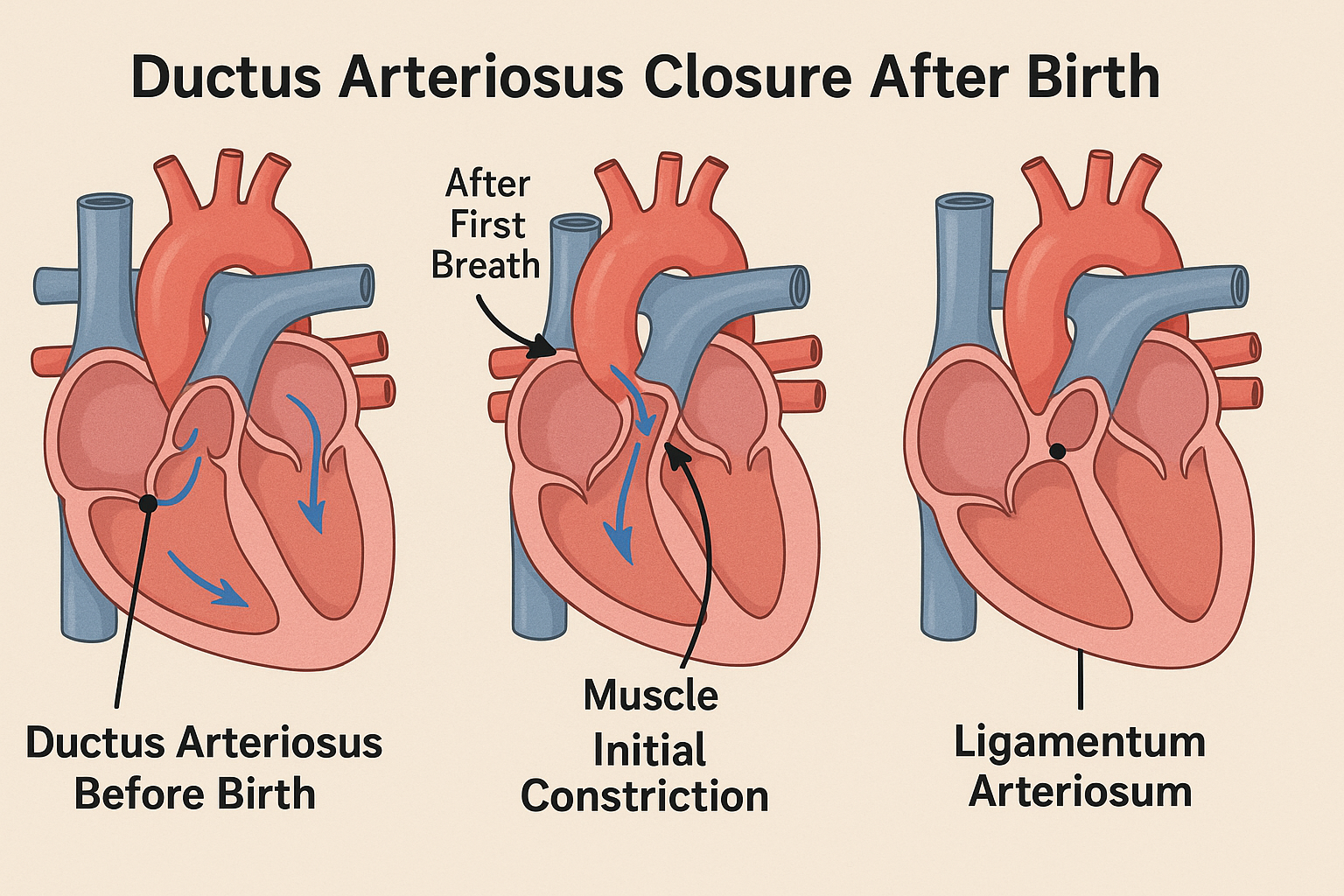 Diagram showing the closure of the ductus arteriosus after birth