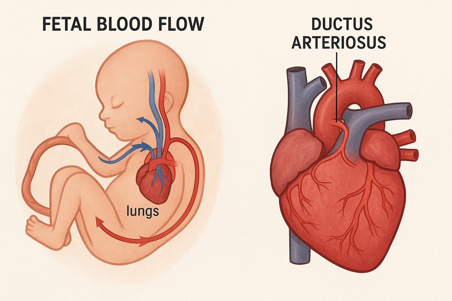 Illustration of the ductus arteriosus role in fetal circulation